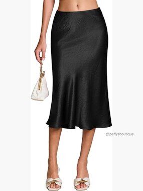 Satin Midi Skirt High Waist Elastic A-Line Flared Flowy Skirt for Women